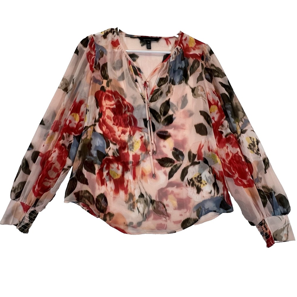 WHBM Sheer Blouse Pink Floral Print Balloon Sleeves Tie Neck Size XS Spring